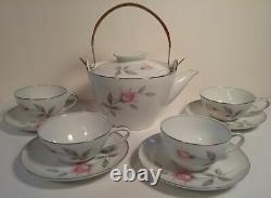 Noritake Rosemarie # 6044 9 Pc Tea Set Teapot & 4 Cup Saucer Sets Rose Platinum