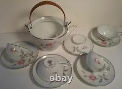 Noritake Rosemarie # 6044 9 Pc Tea Set Teapot & 4 Cup Saucer Sets Rose Platinum