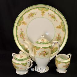 Noritake Tray Teapot Creamer Sugar 2 Cups & Saucers Floral Green Gold 1918-1931