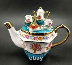 OOK Limoges China Rare Teal Miniature Teapot with Tea Set on Lid