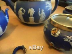 Old Antique Wedgwood Pottery Jasper Ware Silver Tea Set Service Teapot Preserve
