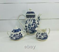 Old Willow Tea Set Teapot Sugar Bowl Creamer Blue