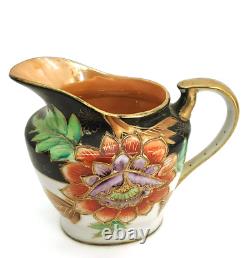 Oriental Tea Pot Set Ceramic Decor Floral Tray Jug Sugar Bowl Creamer Golden Lid