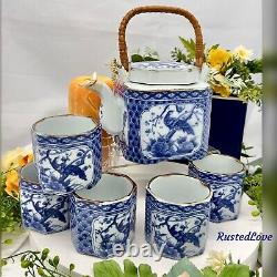 Oriental Tea Set Blue and White Pheasant Tea Pot / 5 Tea Cups Beverage Tea Set