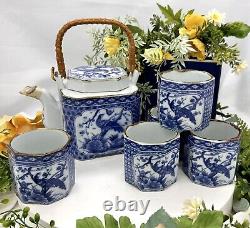 Oriental Tea Set Blue and White Pheasant Tea Pot / 5 Tea Cups Beverage Tea Set