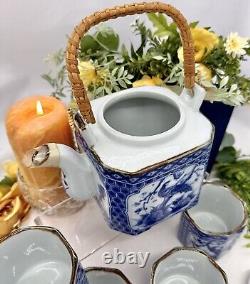 Oriental Tea Set Blue and White Pheasant Tea Pot / 5 Tea Cups Beverage Tea Set