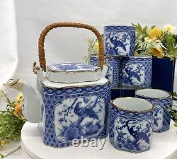 Oriental Tea Set Blue and White Pheasant Tea Pot / 5 Tea Cups Beverage Tea Set