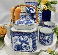 Oriental Tea Set Blue and White Pheasant Tea Pot / 5 Tea Cups Beverage Tea Set