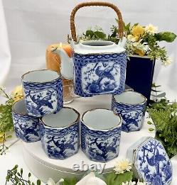 Oriental Tea Set Blue and White Pheasant Tea Pot / 5 Tea Cups Beverage Tea Set