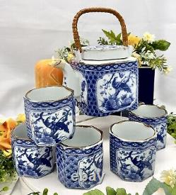 Oriental Tea Set Blue and White Pheasant Tea Pot / 5 Tea Cups Beverage Tea Set