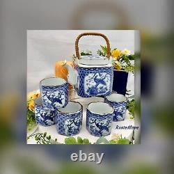 Oriental Tea Set Blue and White Pheasant Tea Pot / 5 Tea Cups Beverage Tea Set