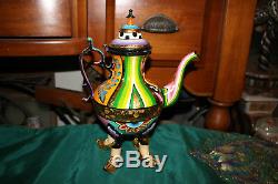 Original Funky Shabby Chic Hand Painted Metal Teapot-Shoe Feet-Vibrant Colors