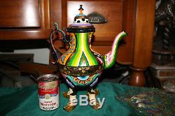 Original Funky Shabby Chic Hand Painted Metal Teapot-Shoe Feet-Vibrant Colors