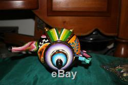 Original Funky Shabby Chic Hand Painted Metal Teapot-Shoe Feet-Vibrant Colors