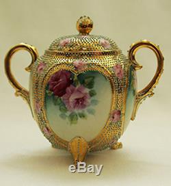 Ornate Antique Royal Kinran Moriage Beaded Tea Set Tea Pot Sugar Bowl Creamer