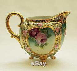 Ornate Antique Royal Kinran Moriage Beaded Tea Set Tea Pot Sugar Bowl Creamer