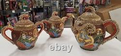 Ornate Vintage Japanese Satsuma Dragon Tea Set withRaised Moriage Decor