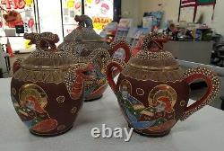 Ornate Vintage Japanese Satsuma Dragon Tea Set withRaised Moriage Decor