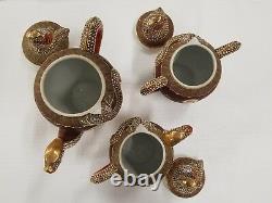 Ornate Vintage Japanese Satsuma Dragon Tea Set withRaised Moriage Decor