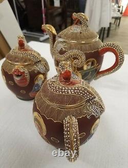 Ornate Vintage Japanese Satsuma Dragon Tea Set withRaised Moriage Decor