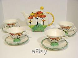 Past Times Hand Painted Like-clarice Cliff Design Tea Set-teapot+4 Cups/saucers