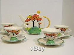 Past Times Hand Painted Like-clarice Cliff Design Tea Set-teapot+4 Cups/saucers