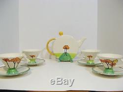 Past Times Hand Painted Like-clarice Cliff Design Tea Set-teapot+4 Cups/saucers