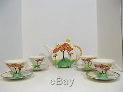 Past Times Hand Painted Like-clarice Cliff Design Tea Set-teapot+4 Cups/saucers