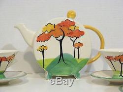 Past Times Hand Painted Like-clarice Cliff Design Tea Set-teapot+4 Cups/saucers