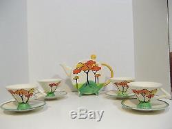 Past Times Hand Painted Like-clarice Cliff Design Tea Set-teapot+4 Cups/saucers
