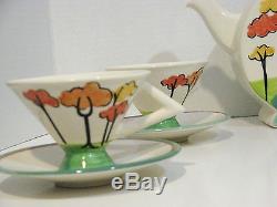 Past Times Hand Painted Like-clarice Cliff Design Tea Set-teapot+4 Cups/saucers