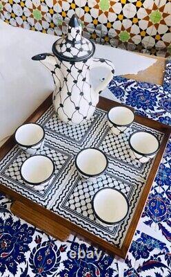 Palestinian Ceramic Set of Tray Cups Coffee Tea Pot Kufiya Keffiyeh Design
