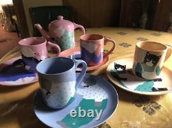 Paris Bottman Design Ceramic Set Teapot, 4 Plates and 4 Mugs Vintage 1988 Japan