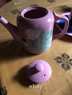 Paris Bottman Design Ceramic Set Teapot, 4 Plates and 4 Mugs Vintage 1988 Japan