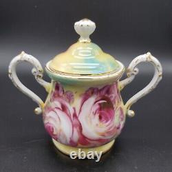 Peony Teapot Creamer And Sugar Set Flowers Gold Gilt Handpainted Excellent