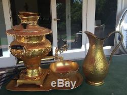 Persian Gold Engraved Electric Samovar Tea Urn Set with Pitcher, Bowl and Tray