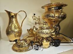 Persian Gold Engraved Electric Samovar Tea Urn Set with Pitcher, Bowl and Tray