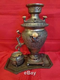 Persian Isfahan Antique Set Brass Samovar with Tea/Coffee Pot & Tray Engraving