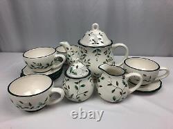 Pfaltzgraff Winterberry Sculpted Teapot Sugar Creamer + 4 Cups and Saucers Set