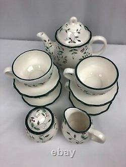 Pfaltzgraff Winterberry Sculpted Teapot Sugar Creamer + 4 Cups and Saucers Set