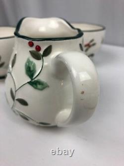 Pfaltzgraff Winterberry Sculpted Teapot Sugar Creamer + 4 Cups and Saucers Set