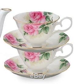 Pink Tea Set Rose Bouquet Teapot Cups Saucers Parties 11-Piece Bone China Gift