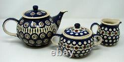 Polish Pottery Tea Set Tea Pot Creamer Sugar Boleslawiec Ceramika Poland Unikat