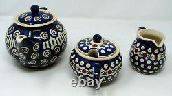 Polish Pottery Tea Set Tea Pot Creamer Sugar Boleslawiec Ceramika Poland Unikat