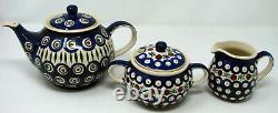 Polish Pottery Tea Set Tea Pot Creamer Sugar Boleslawiec Ceramika Poland Unikat