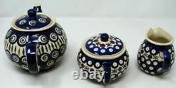 Polish Pottery Tea Set Tea Pot Creamer Sugar Boleslawiec Ceramika Poland Unikat