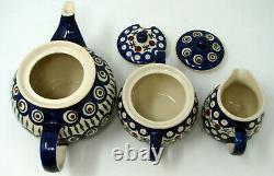 Polish Pottery Tea Set Tea Pot Creamer Sugar Boleslawiec Ceramika Poland Unikat