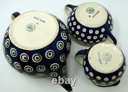 Polish Pottery Tea Set Tea Pot Creamer Sugar Boleslawiec Ceramika Poland Unikat