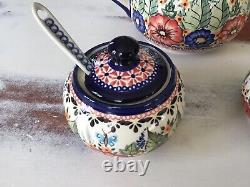 Polish Pottery UNIKAT 6 Pc Tea/ Coffee Pot Cramer Sugar Spoon Lids Set Floral