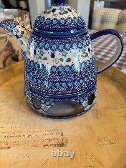 Polish Pottery teapot with warmer, blue pattern